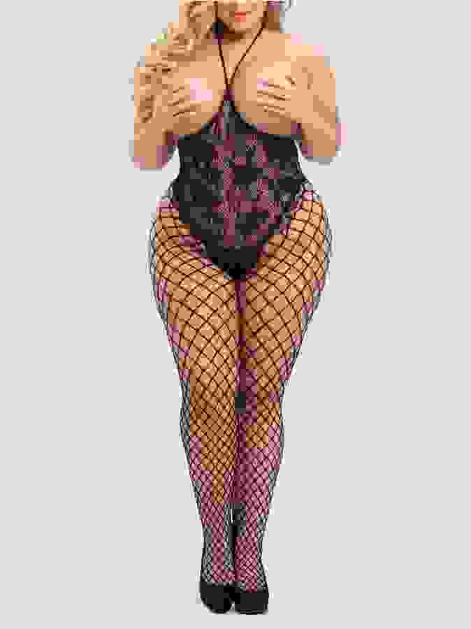 Lovehoney Plus Size Treasure Chest Fishnet Crotchless Bodystocking, Black, hi-res